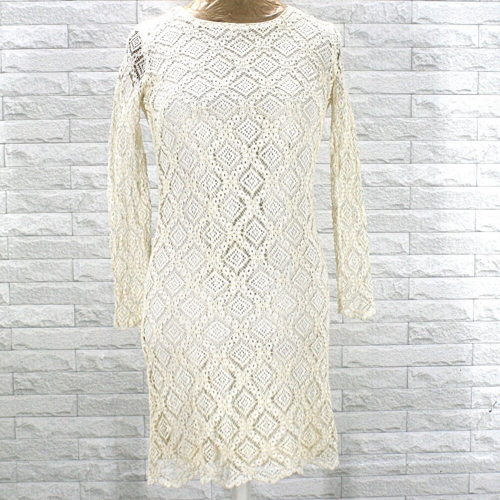 VINTAGE Dress Embroidered Floral Lace Long Sleeve Diamond Retro Cream Mini Small